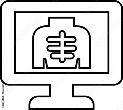 X ray machine medical equipment icon in black line style featuring radiology, scanner, imaging, diagnostic, hospital technology and healthcare synonym elements for clinic design