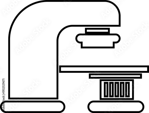 X ray machine medical equipment icon in black line style featuring radiology, scanner, imaging, diagnostic, hospital technology and healthcare synonym elements for clinic design