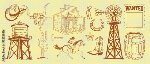 Hand drawn doodle western cowboy elements. retro illustration of Cowboy hat, Boots, Horse, Longhorn cattle, Cactus, wooden cabin and Windmill for tshirt or invitation card design.