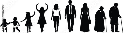 Silhouettes of human life stages baby toddler child teenager adult middle aged elderly progression growth aging development illustration