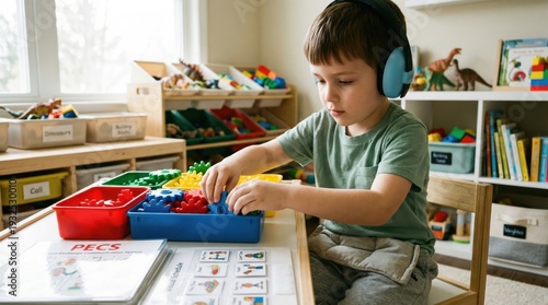Young boy with headphones playing with colorful plastic blocks at a desk, sensory development, playful learning.