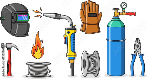 A collection of essential welding tools and equipment including a helmet, torch, gloves, gas cylinder, hammer, and wire spools.