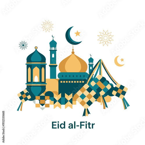 Eid al-Fitr Islamic Mosque Lanterns Ketupat Crescent Moon Stars Festive Celebration