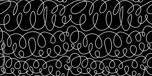 Playful kid doodle background on black. Seamless pattern with ink or chalk wavy lines and texture. Organic distorted lines, creative child swirl maze ripple curves squiggly lines