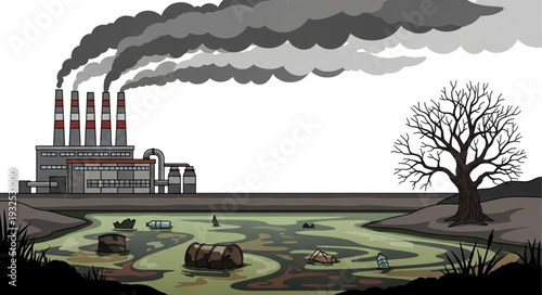 Polluted Factory Landscape with Dead Tree.