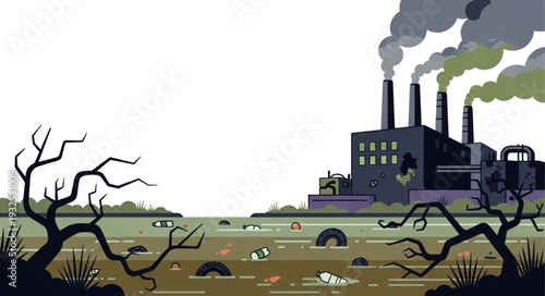 Polluted Factory Landscape with Dead Trees.