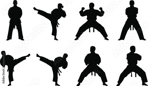 Black silhouettes of martial arts fighters performing karate taekwondo and kung fu kicks and stances isolated on white background for sports and fitness design.