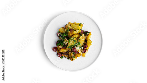 Baked potatoes with sausages, cheese and herbs. High quality photo