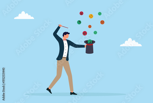 Vector illustration of a businessman magician pulling colorful emotion icons out of his hat, symbolizing business mindset, mood management, and positive mindset
