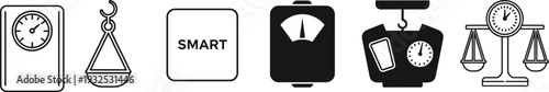 Black Weighing Scale Icons Set Featuring Digital Smart Scales Traditional Balance Scales and Industrial Hanging Scales for Health Fitness Logistics and Commercial Measurement Design