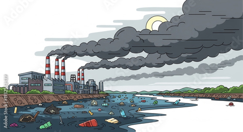 Polluted Water Scene with Industrial Plant.