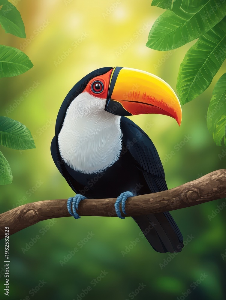 Obraz premium A vibrant toucan perched on a branch surrounded by lush green foliage in a sunlit forest