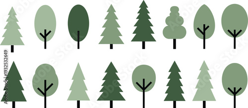 Collection of flat design tree icons in various shades of green for environmental landscape architecture sustainable nature projects and outdoor park vegetation vector illustration