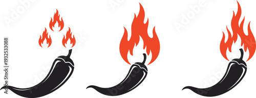 Black Chili Pepper Icons with Red Fire Flames Set Representing Spicy Food Levels Extra Hot Heat Scale for Restaurant Menus and Jalapeño Graphic Design