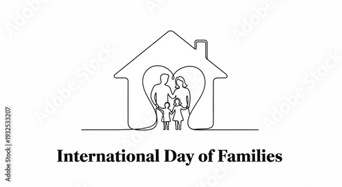 Continuous Line Drawing of Family Inside House with Heart Symbol, International Day of Families