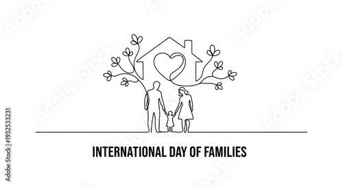 Continuous Line Drawing: Family Tree with Heart, House, and Love Symbol for International Day of Families