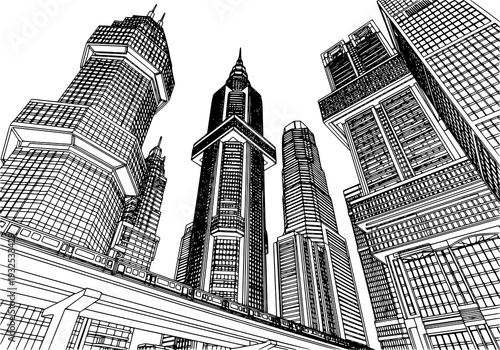 Modern cityscape with sleek skyscrapers and busy urban life