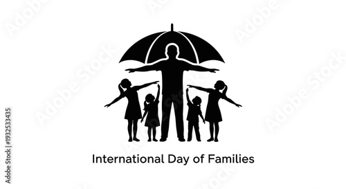Family Protection and Unity Concept: Silhouette of Parents sheltering Children under Umbrella