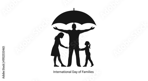 Family Protection Silhouette: Parents Shielding Children Under Umbrella