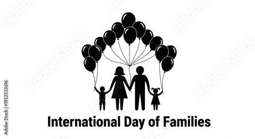 Family Silhouette with Balloons and House Shape for International Day of Families