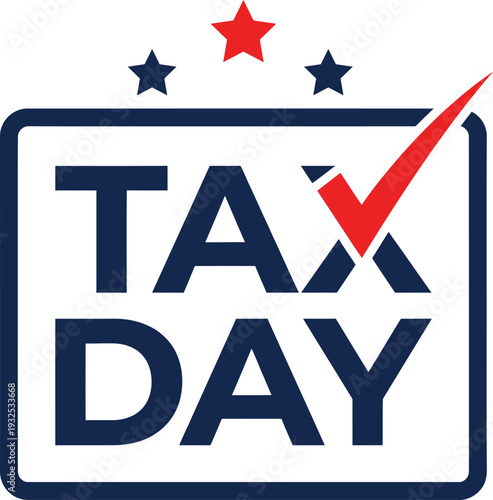 Tax day graphic featuring stars and a checkmark within a blue square