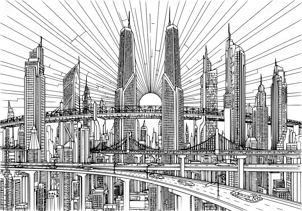 Fototapeta premium Futuristic cityscape with sleek skyscrapers and busy highway