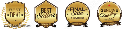 A set of four gold sale and best seller badges on a white background