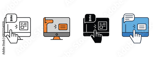 Self service multiple icon style vector illustration set featuring automation symbols, kiosk concepts, customer interaction elements