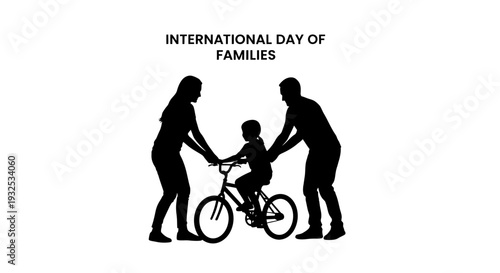 International Day of Families: Parents teaching child to ride a bicycle silhouette