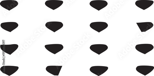 A collection of 16 black heart shapes on a white background