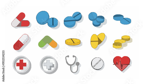 Colorful pills and capsule vector icon set for healthcare and pharmacy design