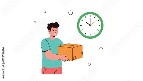 Delivery man carries a cardboard box in front of a large green clock showing an approaching deadline or time.