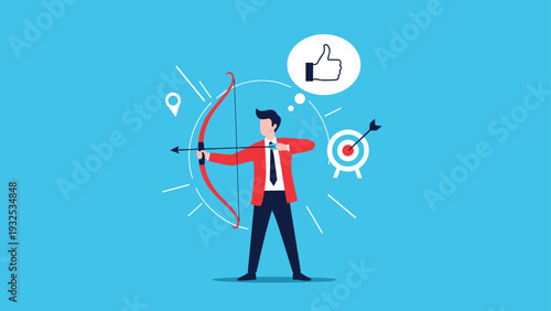 Focused businessman in a red jacket aims a bow and arrow at a target while thinking of a positive thumbs up.