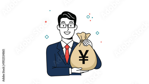 Smiling businessman in a suit and tie holds a large sack of money featuring a prominent Japanese Yen symbol.
