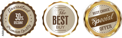 Three gold and brown special offer stickers on a white background