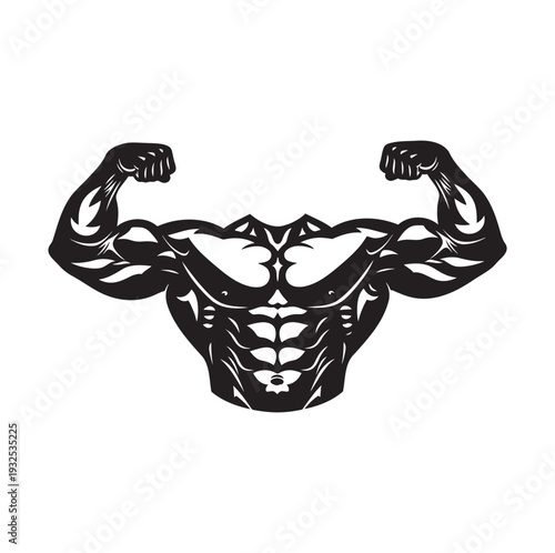 Muscular male torso silhouette flexing biceps. Bodybuilding gym logo symbol for fitness and supplement branding. Professional vector athlete illustration.