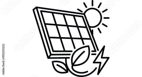 Solar panel and sun line icon for renewable energy and environment