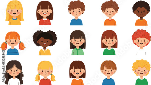 Large Vector Collection of Diverse Children Avatars Featuring Cute Multiethnic Boys and Girls with Various Hairstyles and Outfits for Education School and Social Media Use