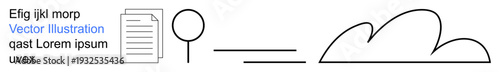 Communication, content creation, messaging, cloud storage, data exchange, online services. Minimal elements including a document, speech balloon line and cloud. Communication and content creation