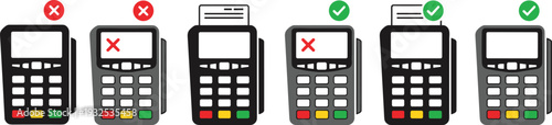 Payment Terminal Icons Set Showing Successful and Failed Transaction Status with Green Check Marks and Red Cross Symbols for POS Retail Business Design