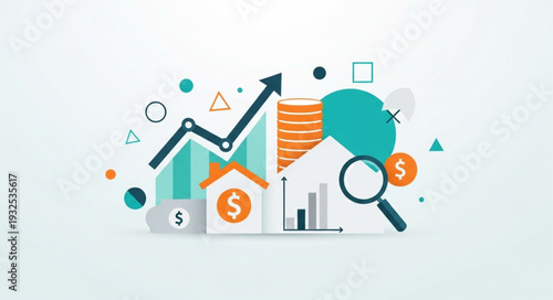 Financial growth analysis with charts and magnifying glass for business.