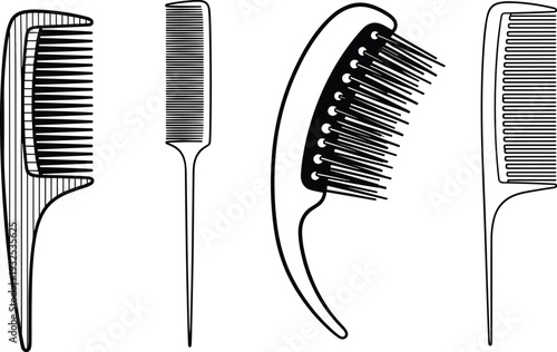 Professional hair comb set and barber tools vector line art icons for hair salon grooming equipment and hairdressing supplies isolated on white background