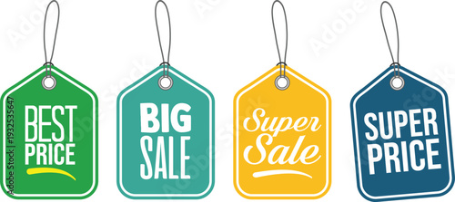 Four colorful sale tags with different promotional phrases