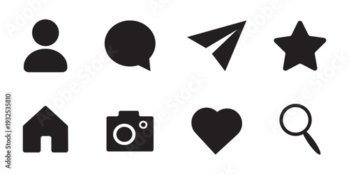 Social media navigation icon set. User, like, search and message interface symbols. Solid black vector UI pack.