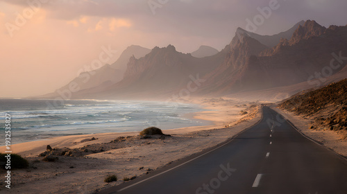 A seaside road with the Cape Verde mountains in the background. An illustration of an African natural landscape background.