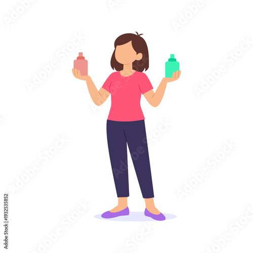 Perfume Bottle Comparison, Comparing different fragrance bottle designs visually, Flat vector character illustration