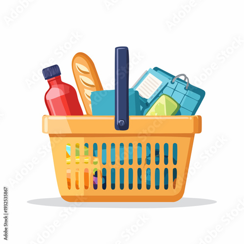 Grocery basket filled with fresh produce and household items viewed from the front