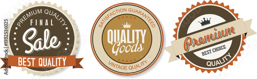 Three circular badges with sale and quality labels