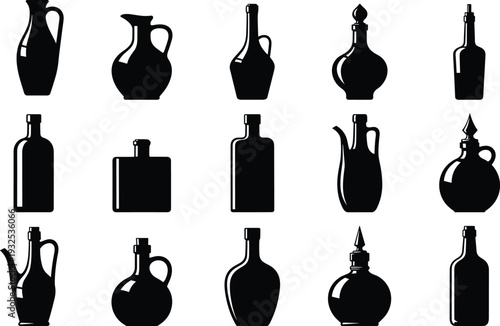 Set of black bottle and jug silhouettes featuring vintage apothecary jars wine decanters kitchen oil carafes and ancient pottery shapes for interior design and beverage packaging.