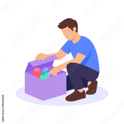 Opening Perfume Carton, Unpacking fragrance shipment from delivery box, Flat vector character illustration
